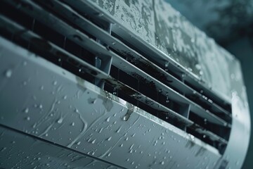 Poster - A rainy day shot of a window air conditioner unit, suitable for use in weather or technology-related contexts