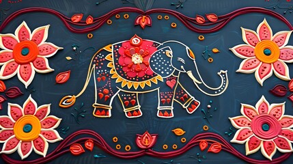 Wall Mural - Decorative rangoli featuring an elephant and floral patterns on a dark background