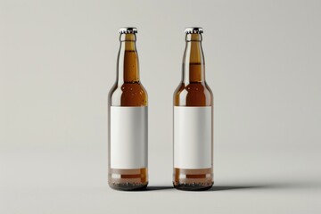 Poster - Two empty beer bottles with white labels, ideal for use in food and drink related content
