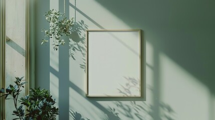 Poster - A decorative frame hangs on the wall next to a potted plant, perfect for displaying artwork or photos in a home or office