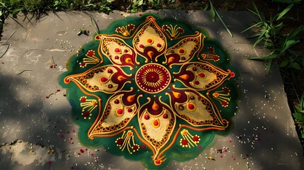 Wall Mural - Traditional Indian rangoli design with vibrant colors and floral patterns on a concrete surface