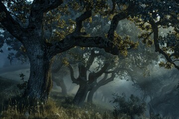 Wall Mural - In a foggy forest, a tree in light appears. Around it is darkness. Trails in light are visible.