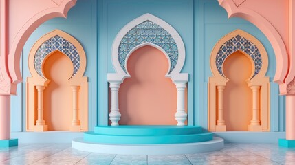 Aufkleber - Cozy interior with blue and pink hues, arches, and columns