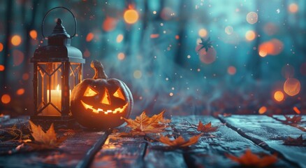 Halloween background with lantern and pumpkin on wooden table, fall leaves, copy space concept Halloween decoration with glowing jack o'lantern and candle lamp Generative AI