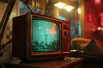 Poster - A vintage TV sits atop a wooden table, ready for use