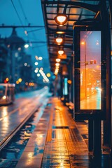 Aufkleber - A bus stop at night with rain pouring down, useful for scenes requiring a wet and dark atmosphere