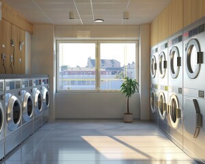 Wall Mural - Modern laundry room with a row of washing machines and a panoramic window, filled with natural light