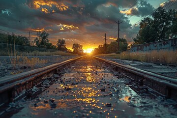 Canvas Print - A stunning sunset illuminates old railway tracks with a vibrant mix of clouds and sky, creating a picturesque scene filled with natural beauty and atmospheric serenity