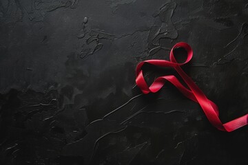 Poster - A single red ribbon lying flat on a black background