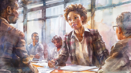 Wall Mural - Watercolor Illustration of a Diverse Group in an Office Setting for a Productive and Professional Business Meeting