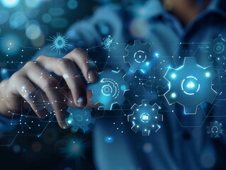 Poster - Gears and icons in workflow automation diagram, manager utilizing interface amid network background