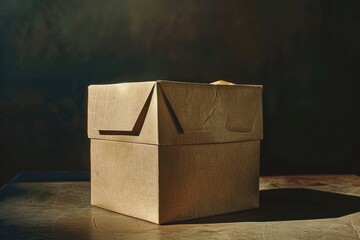 Poster - A simple brown box resting on a wooden table, ready for use or storage