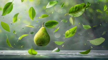 Wall Mural - Falling green leaves surround a fresh green pear floating in mid-air. The image is sharp and detailed, providing a sense of motion and suspension.