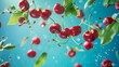© Suleyman - Juicy, crisp cherries with vibrant green leaves gently float against a vibrant turquoise backdrop. This mesmerizing image captures the essence of food suspended in a weightless space.