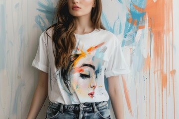 Poster - A woman wearing a unique t-shirt featuring a painting, suitable for use in cultural or art-related contexts