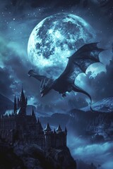 Wall Mural - A majestic dragon soaring above a medieval-style castle under a bright full moon