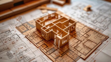 Aufkleber - A 3D model of a house sitting on top of a blueprint, perfect for architectural or design concepts