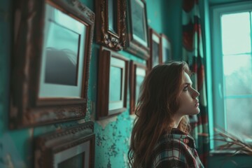 Poster - A woman stands in front of a wall of framed pictures, providing a thoughtful and contemplative atmosphere