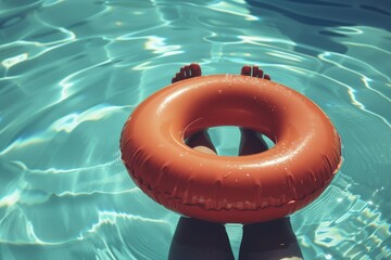 Poster - A person holds an inflatable orange ring in a swimming pool, suitable for summer fun or recreation concepts