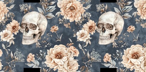 Wall Mural - A vintage floral seamless wallpaper with skulls, peonies, butterflies on a dark botanical background. Suitable for fabrics, papers, and wallpapers. An illustration of a hand drawn 3D object that can