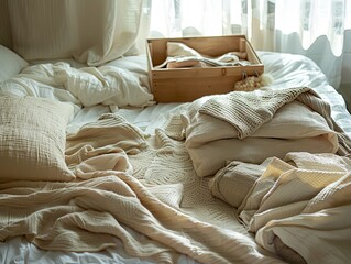 Modern housekeeping concept  beige clothes neatly arranged in container on the bed for a tidy room