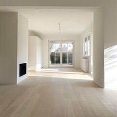 Sticker - Modern Minimalist Living Room with White Walls and Wooden Floor