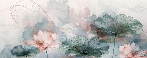 Poster - The lotus leaves are drawn in lines in green and brown tones. This illustration can be used for wall art, decor, prints, and packaging.