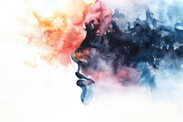 Poster - Watercolor portrait of a woman's face with soft, blended colors and gentle features