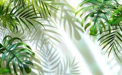 Wall Mural - On a white background, tropical leaves cast shadows over a grey table