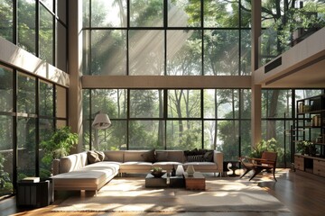 Poster - A warm living room with comfortable furniture and plenty of natural light from large windows