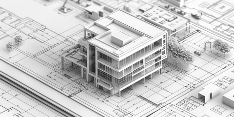 Aufkleber - Architecture design concept with a 3D building model placed on a blueprints sheet