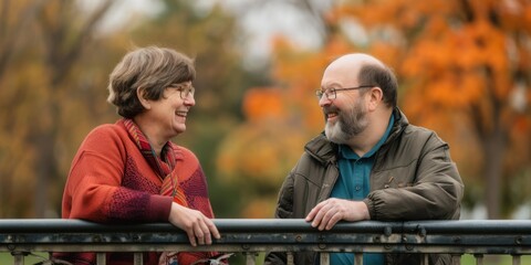 Wall Mural - A couple smiles and looks at each other while standing by a railing. AI.