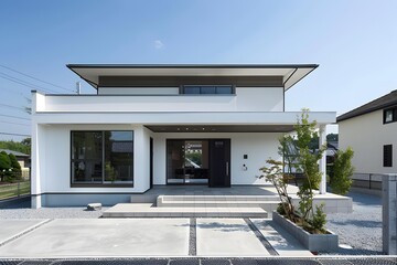 Modern White House Exterior with Grey Gravel Driveway