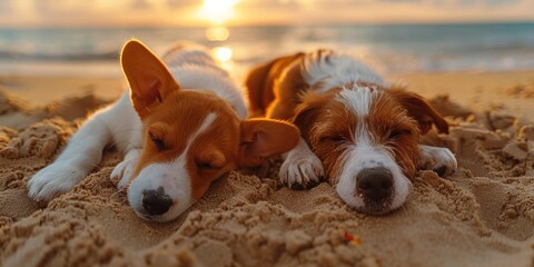 Wall Mural - Two dogs sleeping on a beach. AI.