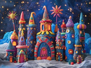 Canvas Print - A whimsical village made of colorful clay. AI.