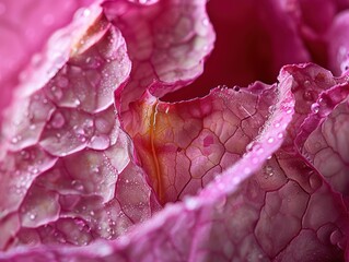 Sticker - A close-up view of a pink leaf with water droplets. AI.