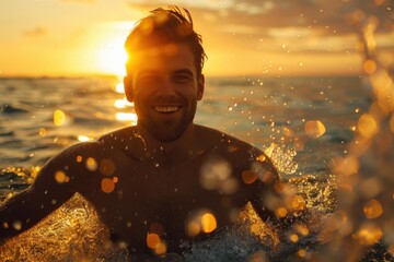 Poster - A man swims in the ocean at sunset, smiling as the sun shines behind him. AI.