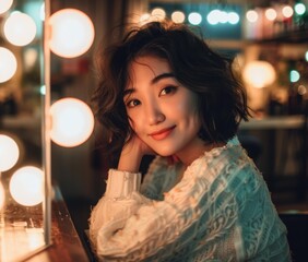 Canvas Print - A woman with short curly hair smiles while looking at the camera. AI.