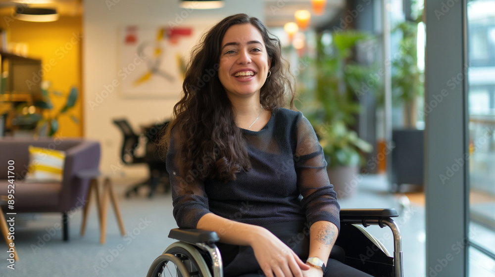 Smiling disabled woman sitting in a wheelchair, enjoying her work in a ...
