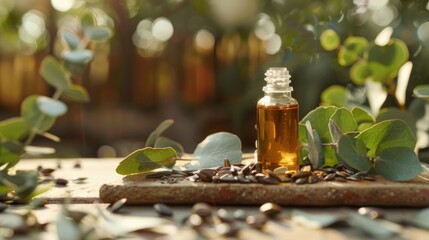 Wall Mural - Eucalyptus Seeds and Essential Oil Bottle with Leaves in Natural Light