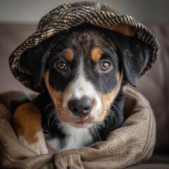 Wall Mural - A puppy wearing a hat looks up at the camera. AI.