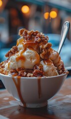 Sticker - Ice cream topped with nuts and caramel. AI.