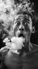 Canvas Print - A man blows out a puff of smoke. AI.