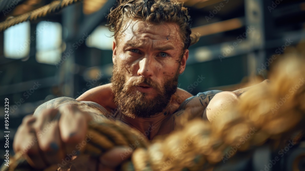 An athletic man with a great physique intensely pulls a thick rope. The ...