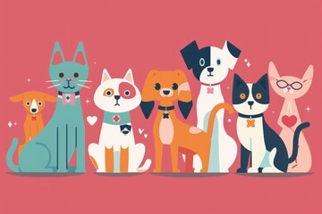 Wall Mural - A group of cats and dogs standing together, showcasing unity and friendship