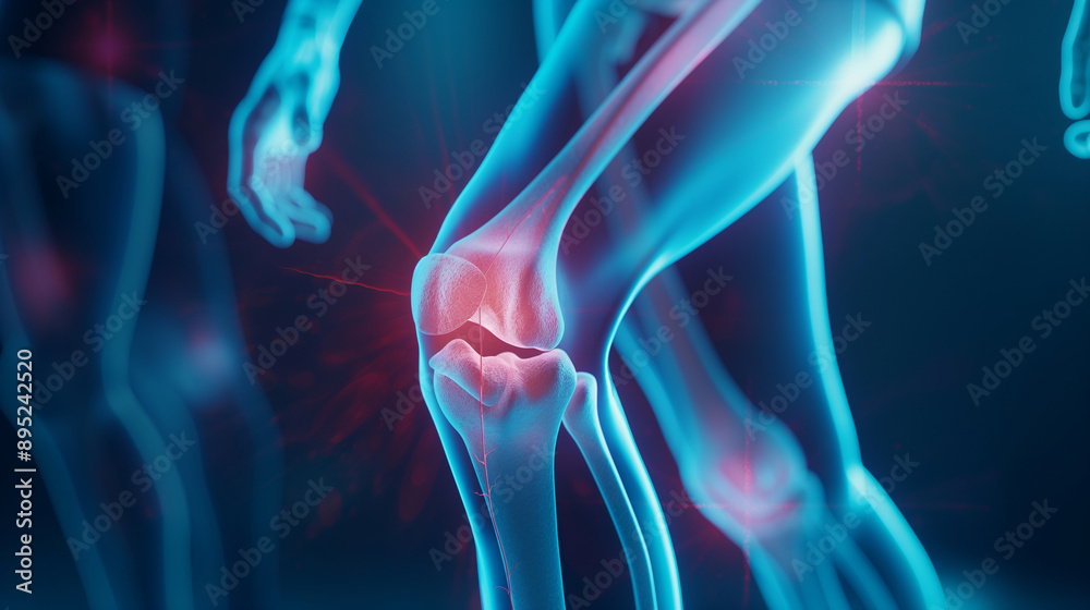 Blue 3D medical x-ray depicting knee pain and joint injuries, showing ...