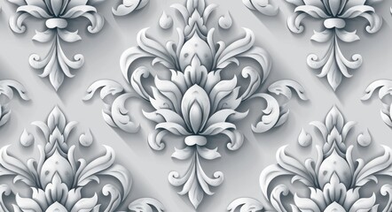 Wall Mural - This wallpaper has a baroque look with a seamless modern background and a white and grey floral ornament. It can be used on fabric, wallpaper, packaging, etc.