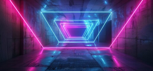 Poster - 3d rendering: concrete blocks sci fi fashion stage podium tunnel corridor neon glowing laser beams d