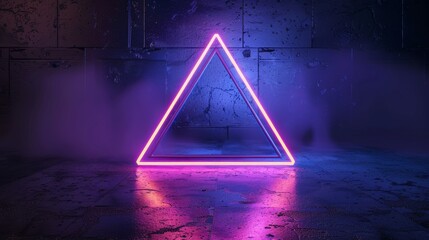 Poster - 3D render of an abstract background with a pink and blue glowing neon light triangle, geometric wallpaper that features triangles