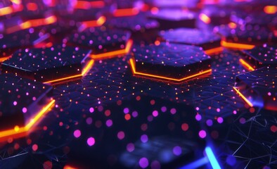 Poster - Big data flow on blockchain. Connected network lines. Concept of AI technology, digital communication, science research, and 3D illustrations of neural cells.